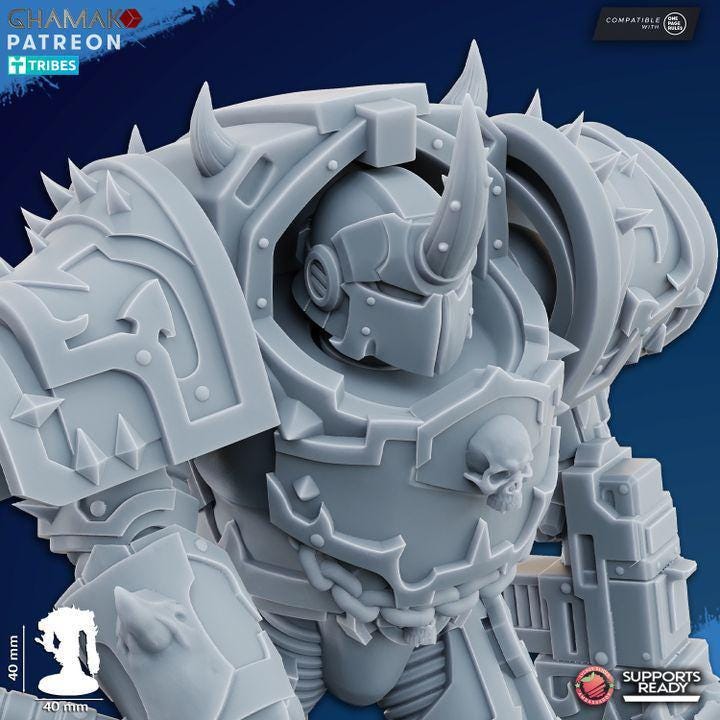 Ghamak Heretic Exterminator Lord tabletop miniature with heavy armor and sci-fi weaponry