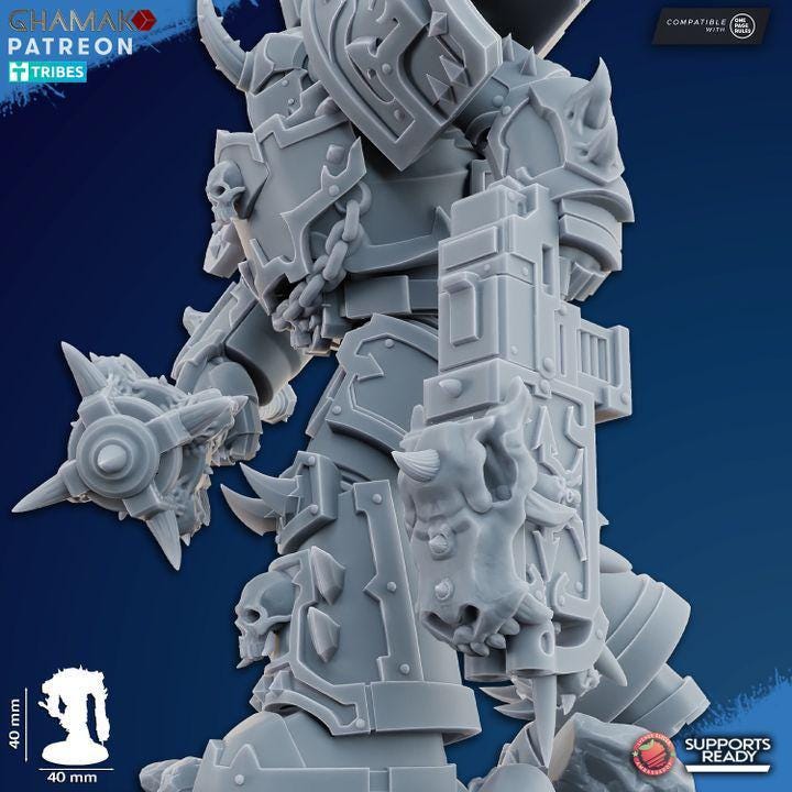 Ghamak Heretic Exterminator Lord tabletop miniature with heavy armor and sci-fi weaponry