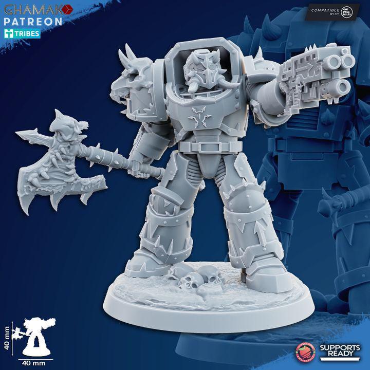 Detailed view of a heavy grimdark infantry soldier