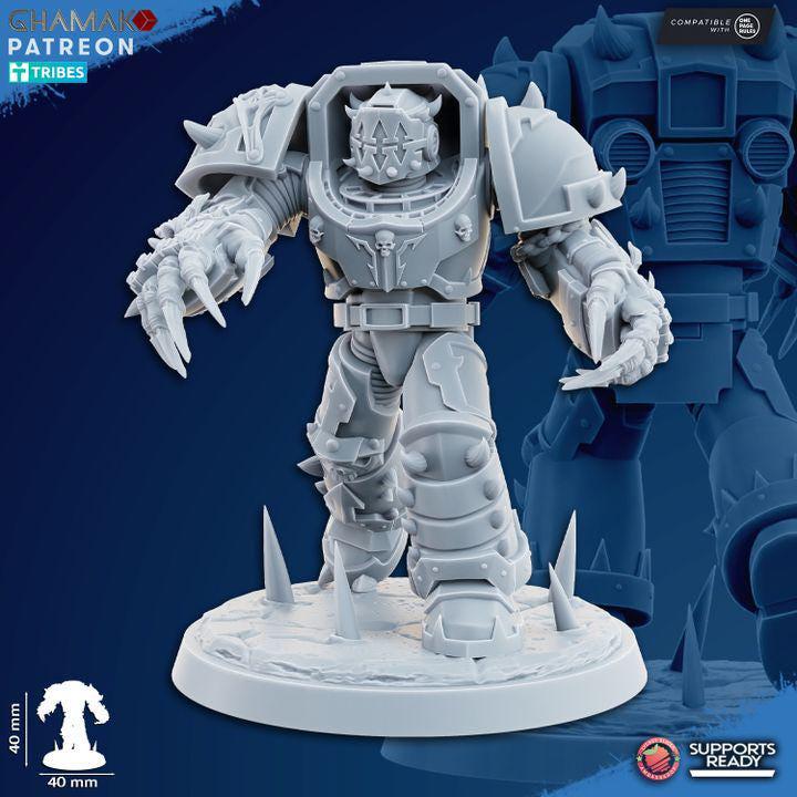 Detailed view of a heavy grimdark infantry soldier