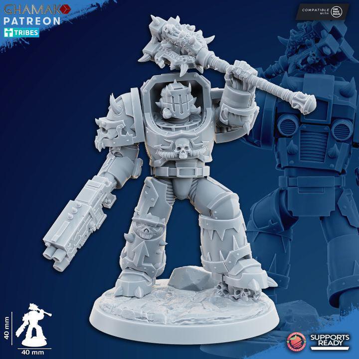 Detailed view of a heavy grimdark infantry soldier