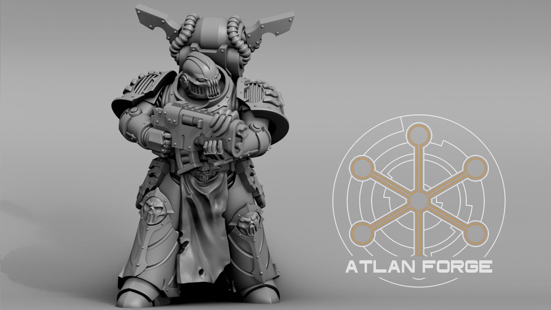 Close-up detail of the ornate, dark sci-fi helmet and segmented chest armor on a Hades Dark Trooper miniature by Atlan Forge