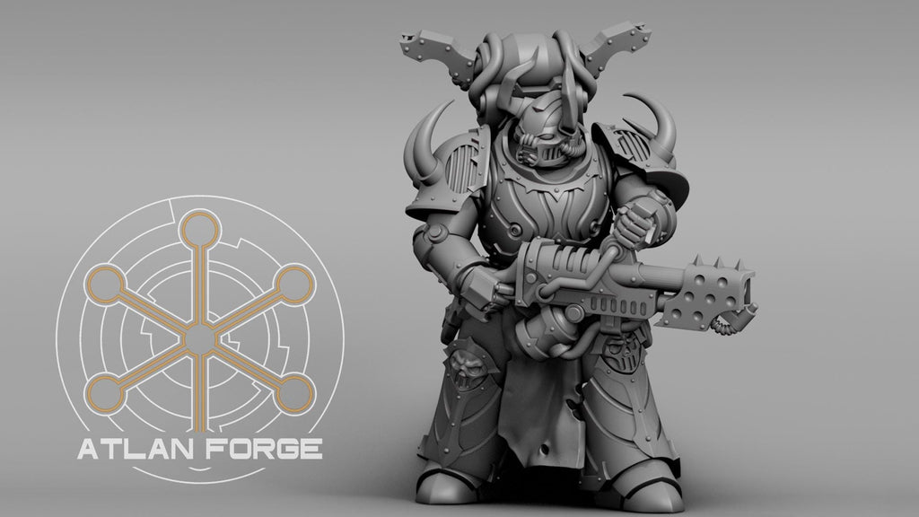 Close-up detail of the ornate, dark sci-fi helmet and segmented chest armor on a Hades Dark Trooper miniature by Atlan Forge