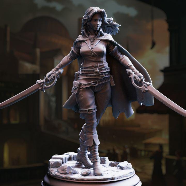 Female Human Rogue Miniature - Angela "Cat-Eyes" Hardvin, Rogue Duelist - DM Stash
