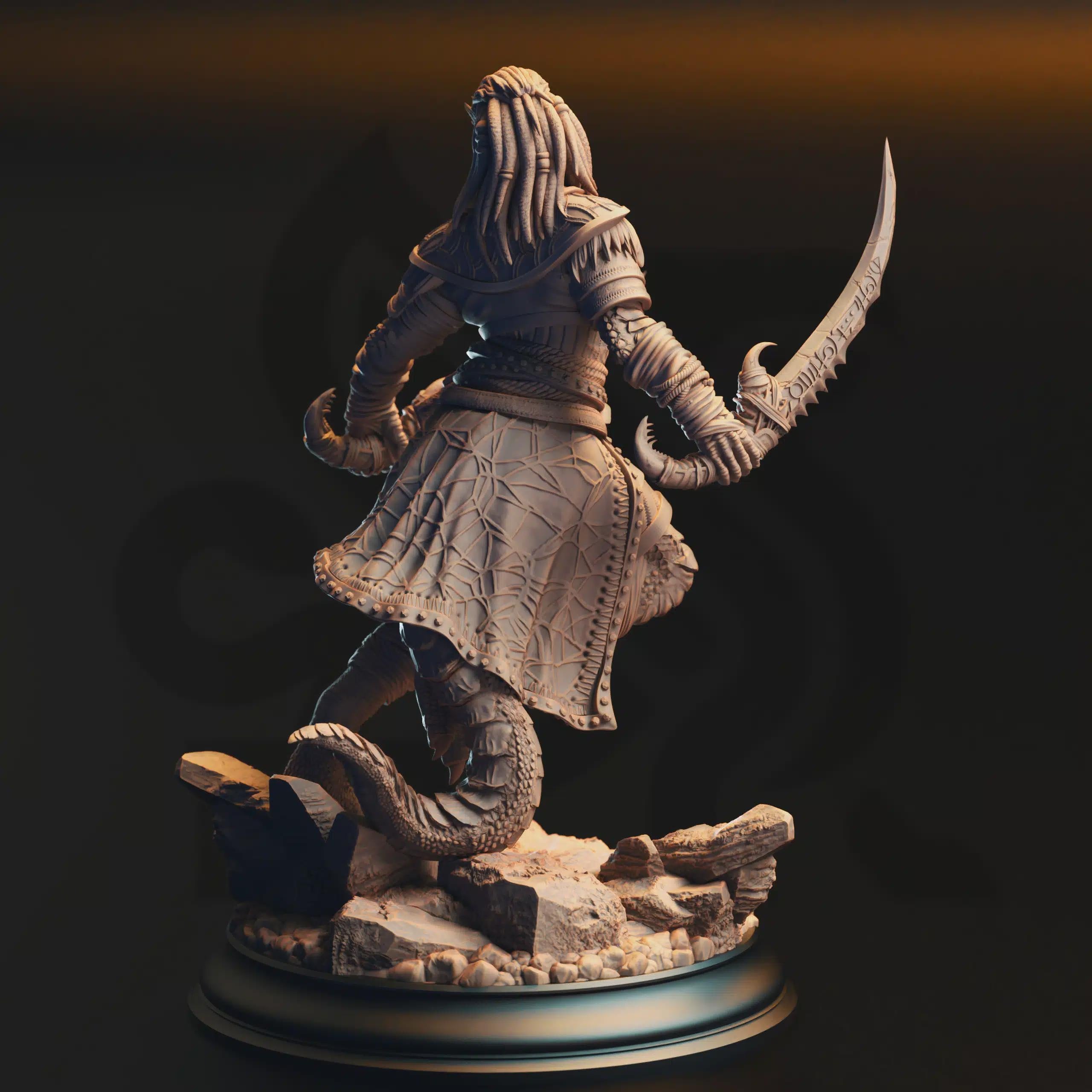 Female Dragonkin Rogue Miniature - Kijaa Shadowblade, Black Dragonkin Rogue - DM Stash
