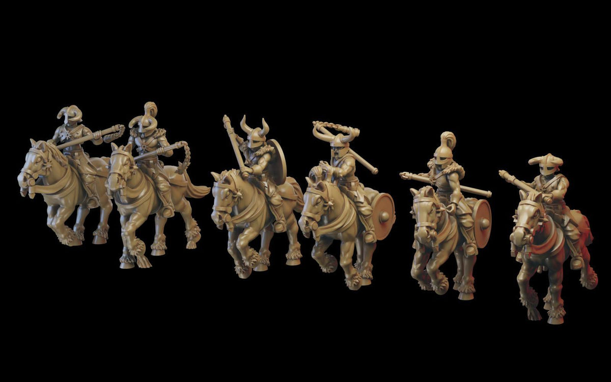 Front view of Ilhadiel Horsemen miniatures showing mounted warriors with shields, spears, axes, and armored horses
