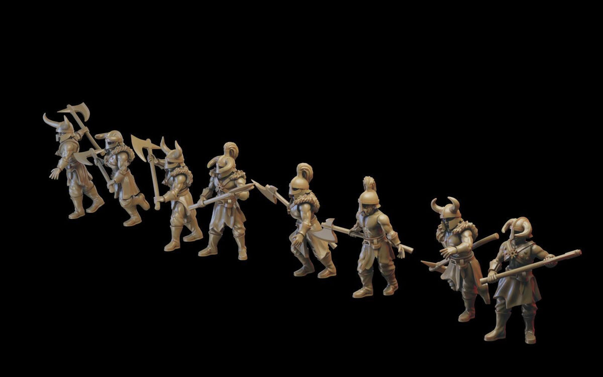 Angled view of Ilhadiel Warband fantasy infantry displaying shields, axes, polearms, helmets, and layered armor