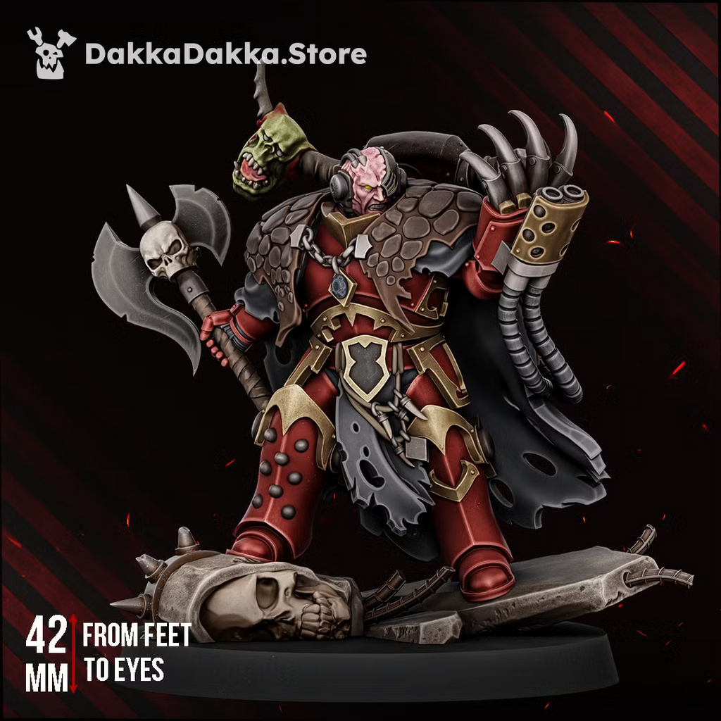 Front view of Morkidd Drake The Terrorstorm, a heavily armoured dark sci-fi warlord with skull axe