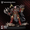 Front view of Morkidd Drake The Terrorstorm, a heavily armoured dark sci-fi warlord with skull axe