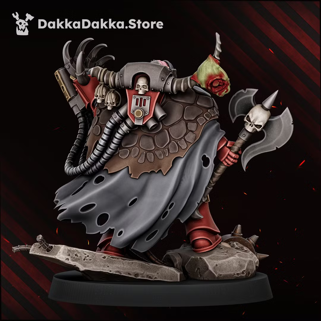 Rear view of Morkidd Drake The Terrorstorm showing cloak, trophies, machinery, and axe