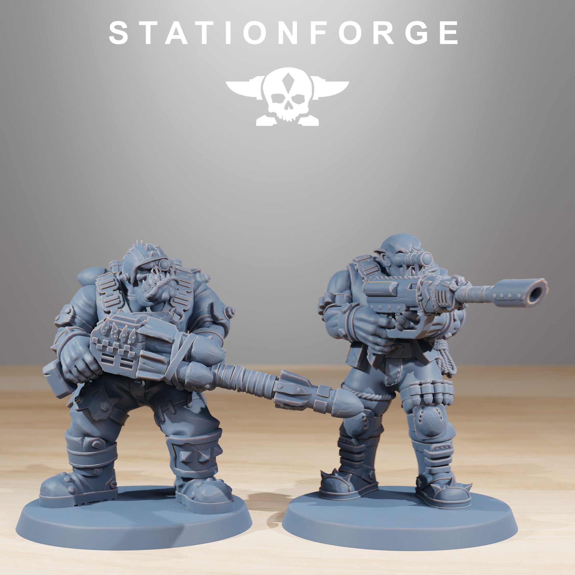 Two Orkaz Skillers miniatures by Station Forge featuring heavy armor, large weapons, masks, and rugged sci-fi tabletop detail.