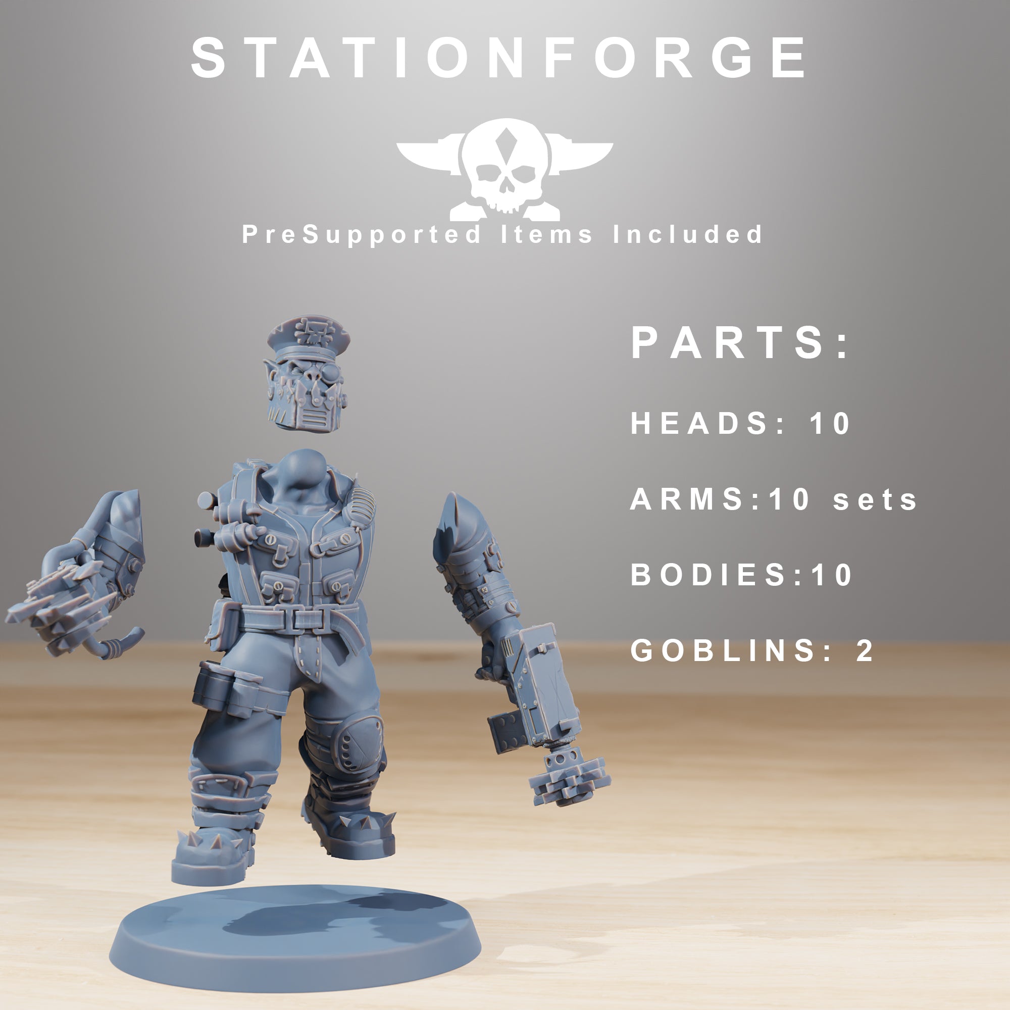Modular Orkaz Skillers parts by Station Forge showing 10 heads, 10 bodies, 10 arm sets, and 2 goblin helpers for a customizable sci-fi greenskin squad.