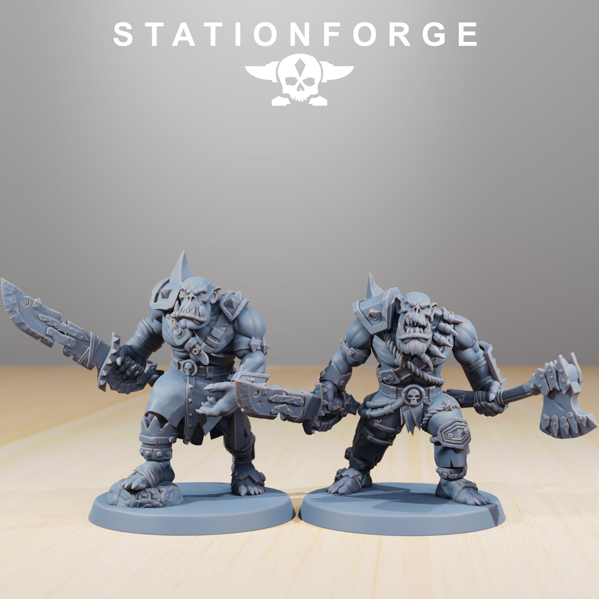 Two Orkaz Strappaz miniatures by Station Forge armed with brutal melee weapons and heavy armor, shown as part of a modular sci-fi squad.
