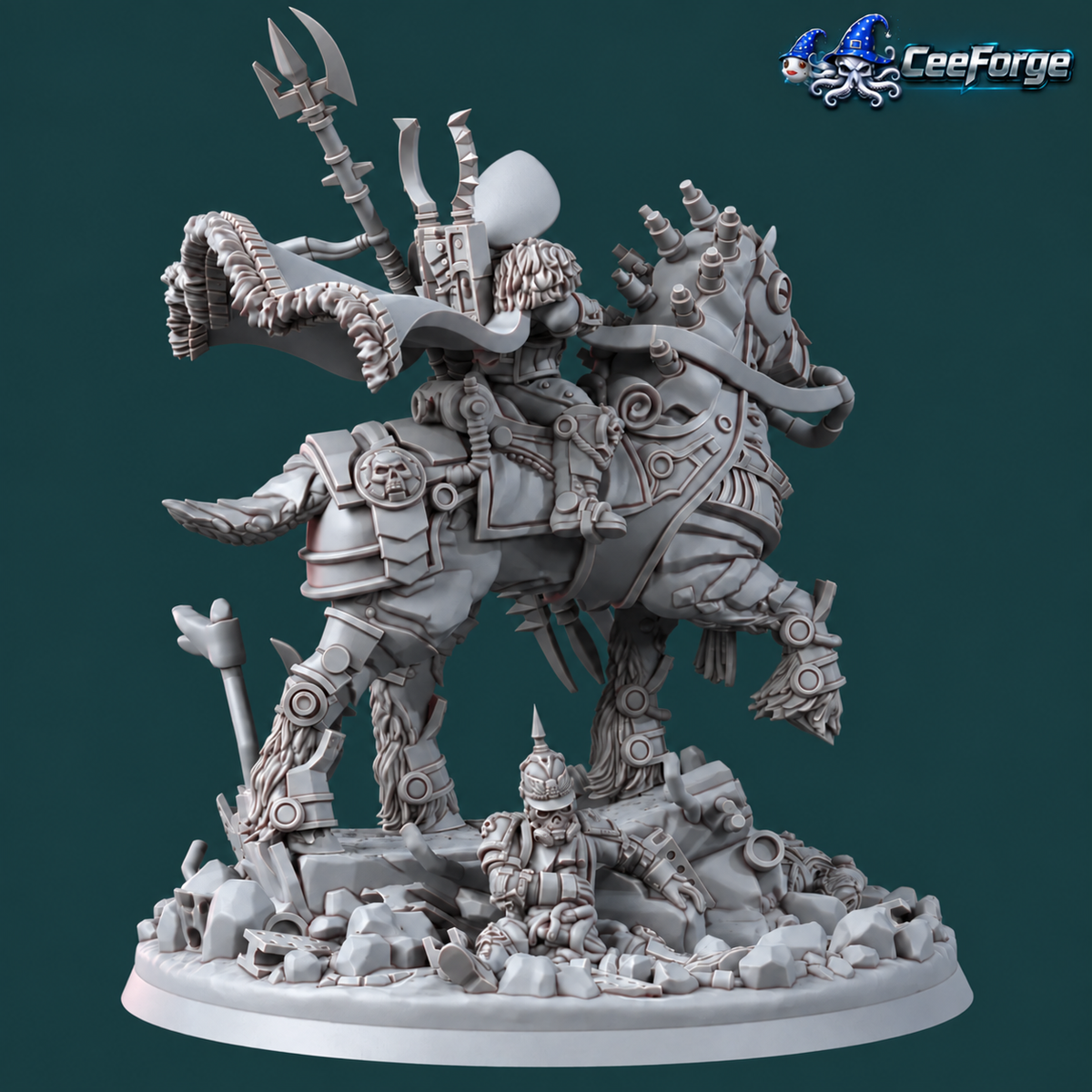 Rear view of the Lord Otto von Zeppelin resin miniature by Ghamak, mounted on a mechanical warhorse with a detailed scenic base.