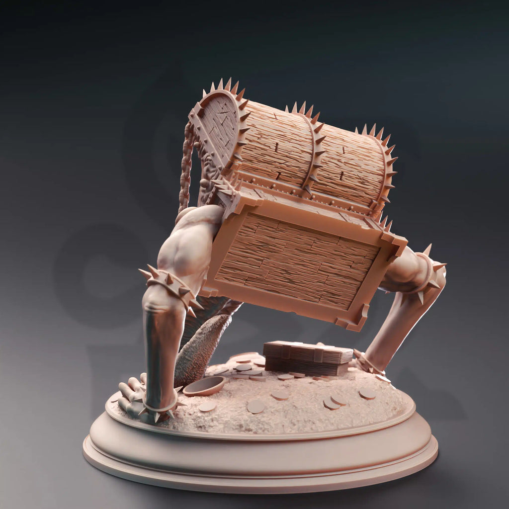 Treasure Mimic chest monster miniature rear view with spiked treasure chest
