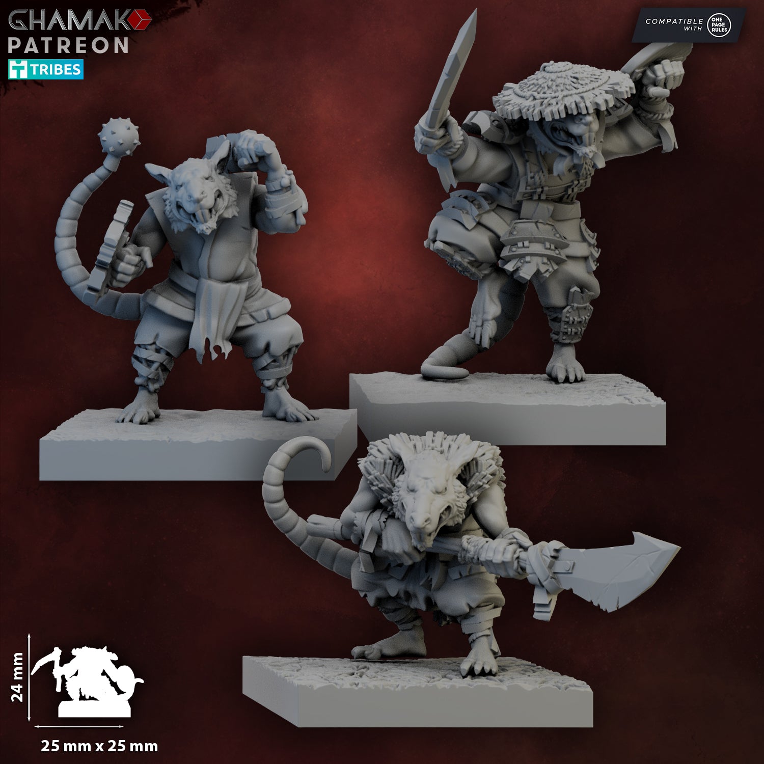 Close-up render of Yari Ashigaru Rats by Ghamak showing detailed ratfolk warriors with polearms, shields, armor, fur texture, and square bases.