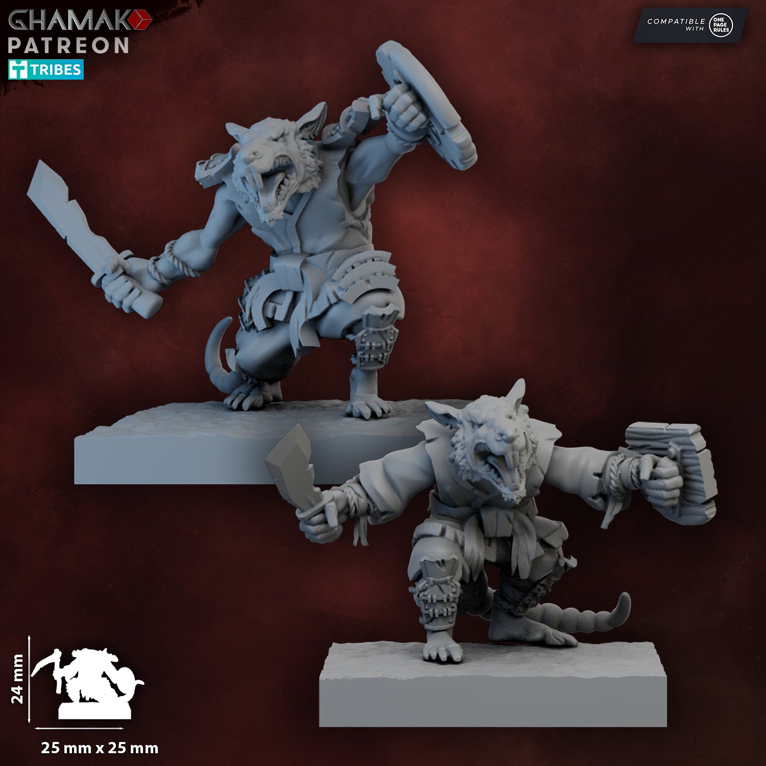 Close-up render of Yari Ashigaru Rats by Ghamak showing detailed ratfolk warriors with polearms, shields, armor, fur texture, and square bases.