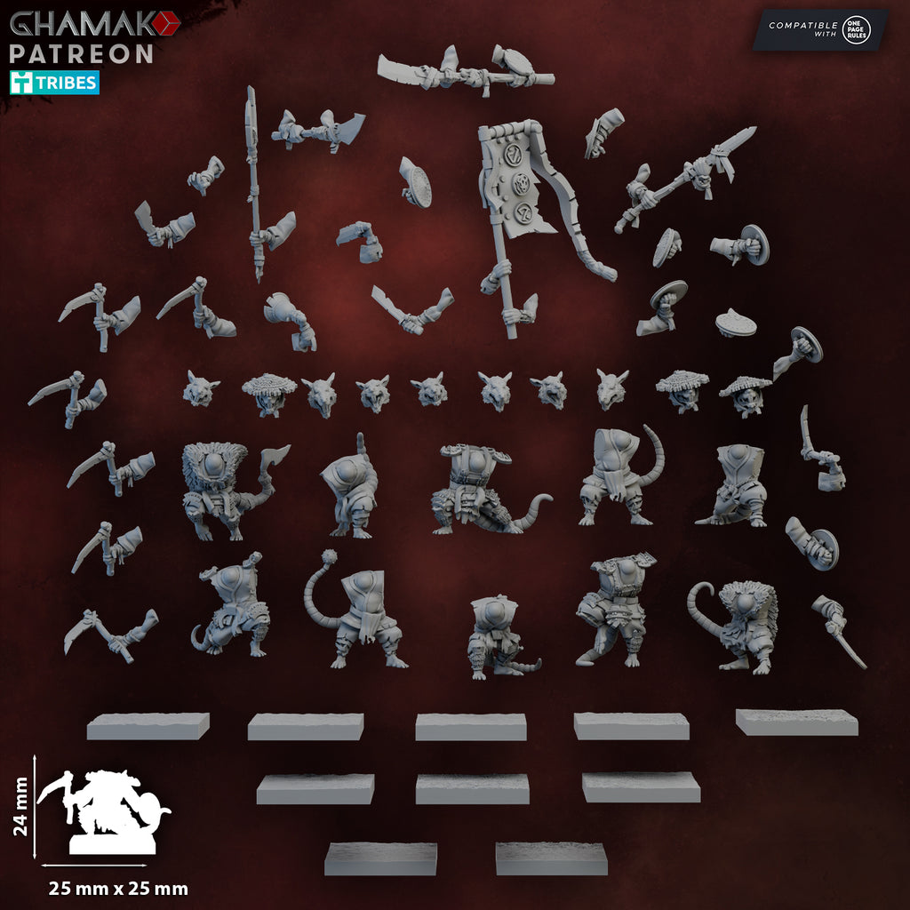 Modular parts for the Yari Ashigaru Rats miniature set by Ghamak, showing ratfolk bodies, heads, weapons, shields, banner, tails, and square bases.