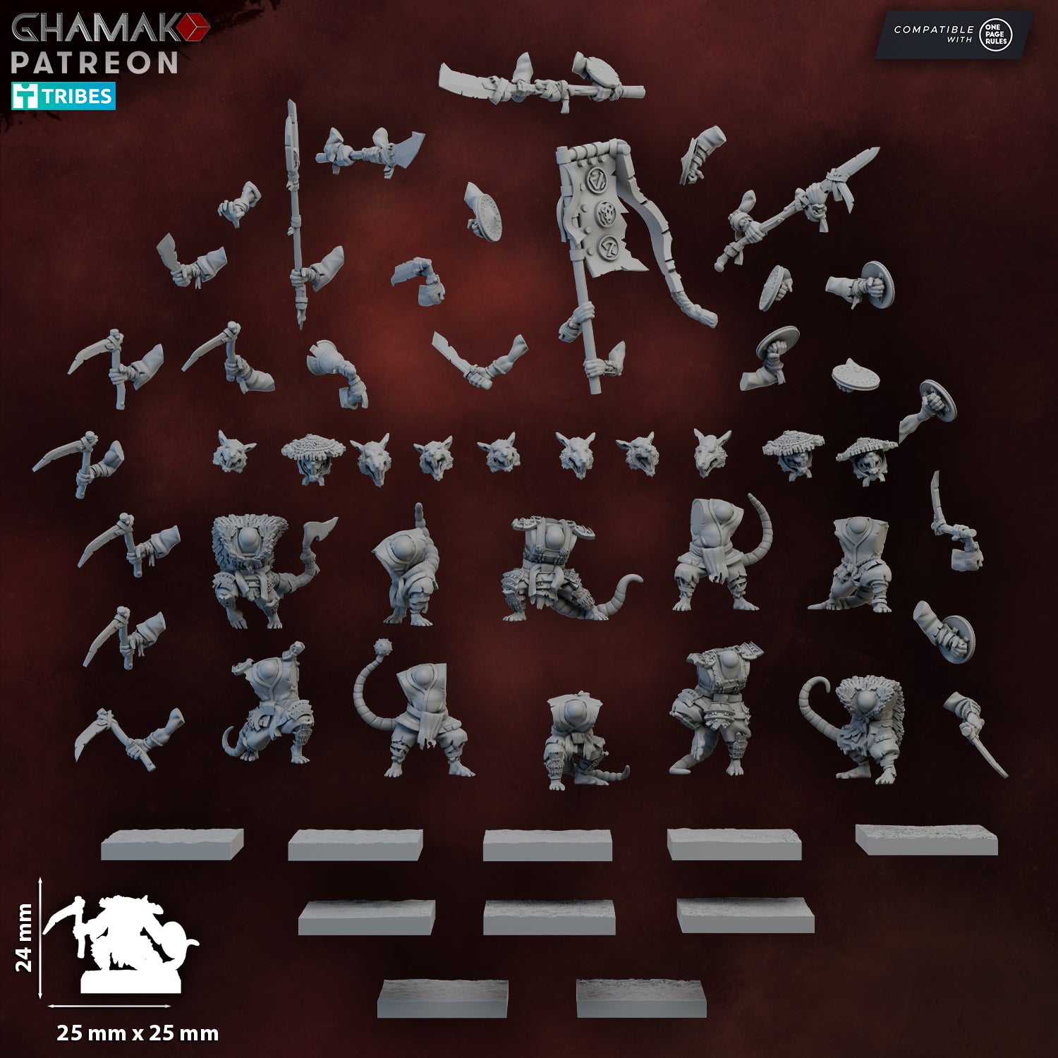 Modular parts for the Yari Ashigaru Rats miniature set by Ghamak, showing ratfolk bodies, heads, weapons, shields, banner, tails, and square bases.