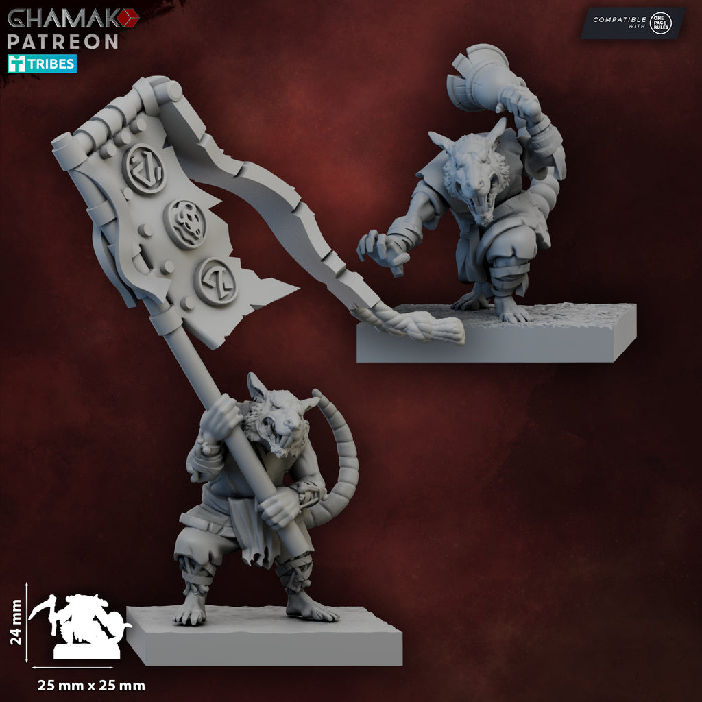 Close-up render of Yari Ashigaru Rats by Ghamak showing detailed ratfolk warriors with polearms, shields, armor, fur texture, and square bases.