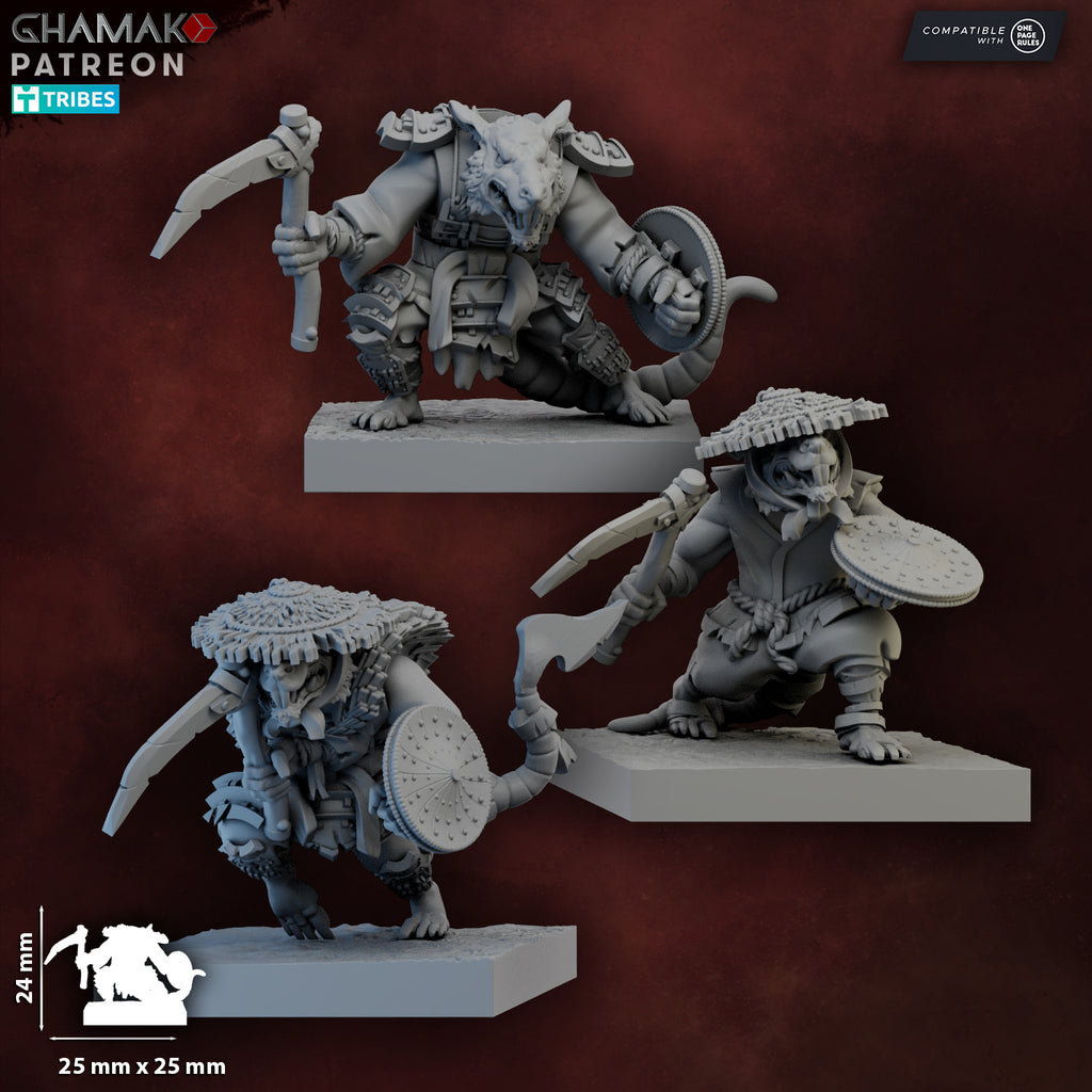 Close-up render of Yari Ashigaru Rats by Ghamak showing detailed ratfolk warriors with polearms, shields, armor, fur texture, and square bases.